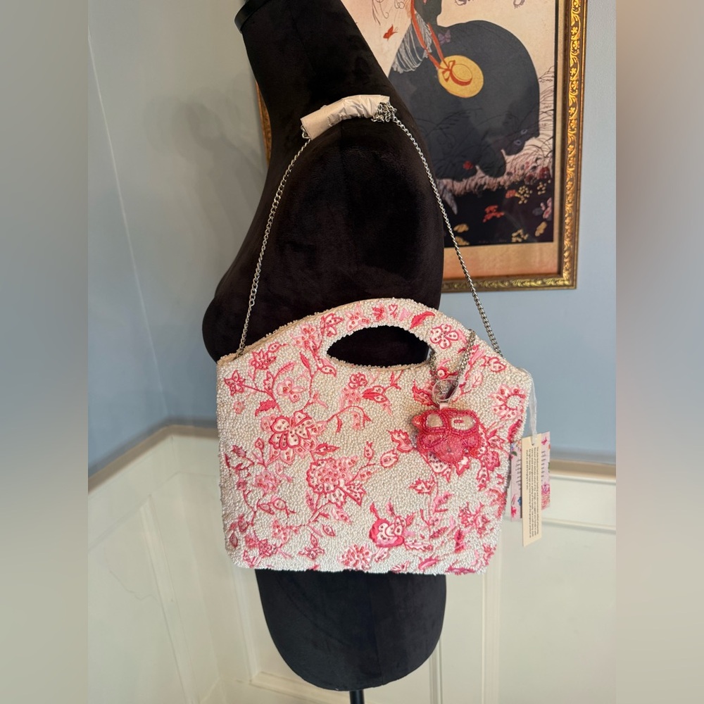 Viral Beaded Bag! White and Pink Toile Treasure Clutch Beaded Bag w/ Top Handles
